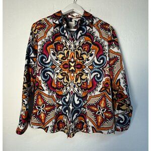 Chico's Womens No-Iron 100% Cotton Paisley Button-Up Shirt Top Size 1 Multicolor